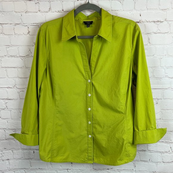 Talbots Tops - TALBOTS collared V-neck button down green cotton stretch top shirt blouse 16
